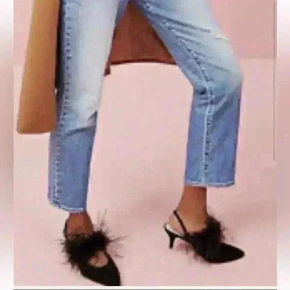 Loeffer Randall JCrew Juno kitten heel mules with feathers in black